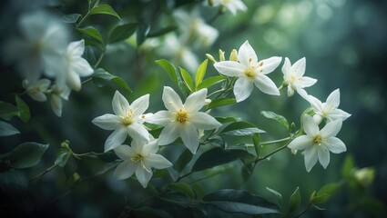 Fototapeta premium Star jasmine flowers blooming amidst leafy surroundings