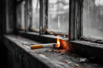 Lit cigarette in abandoned building window.