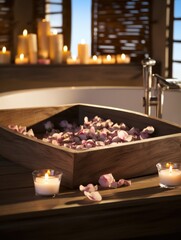 Aromatic spa room filled with rose petals and lit candles in a tropical setting
