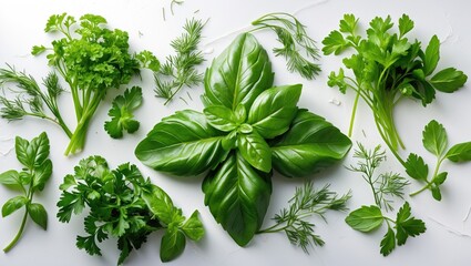 Obraz premium Herb collection: parsley, basil, dill, and mint. Artistic arrangement with fresh green kitchen herbs on a background. Flat lay. Design feature. Healthy eating and dieting theme.
