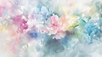 Bright pastel flowers blend harmoniously in a watercolor composition, evoking a sense of tranquility and beauty. The soft hues create an inviting ambiance perfect for any decor
