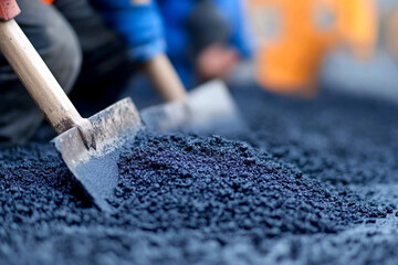 Road construction crew laying fresh asphalt in a busy urban area during daylight hours
