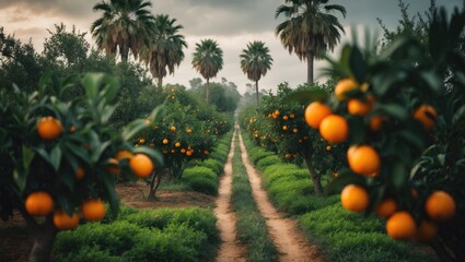 A picturesque view of citrus orchard with orange trees and several trees behind.