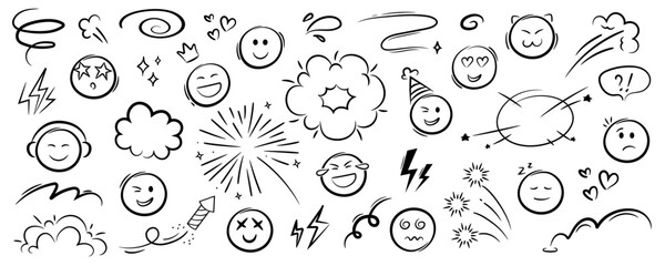 Comic doodle emoji face set with vector icon. Effect motion line element set including fireworks, lightning, stars, heart. Hand drawn sketch doodle action effect. 
