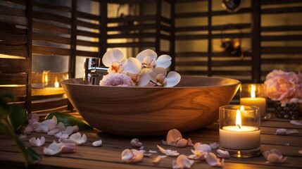 Bathroom relaxation setting, candlelight, wooden accents, flowers on counter