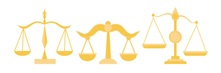 Golden justice scales set collection. Vector illustration