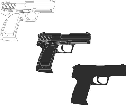 Set of icons of a self-loading German pistol for police and military HK USP in black.