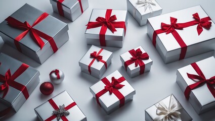 White background featuring a shiny silver gift box with bow