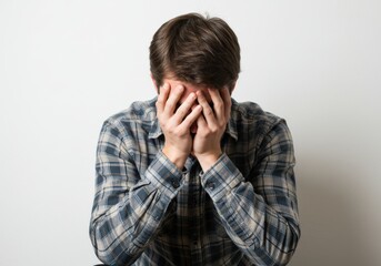 Fototapeta premium Man in plaid shirt covering face with hands against isolated on white background