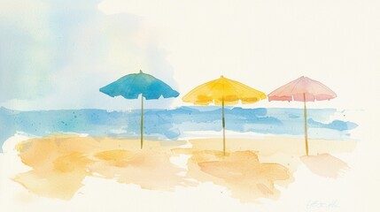 Fototapeta premium Three vibrant umbrellas in blue, yellow, and pink stand on a sandy beach, overlooking tranquil waves under a clear sky during a sunny day