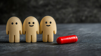 Happy figures and a solitary red pill