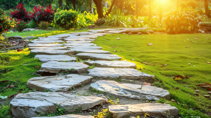 Naklejka premium Stone path through lush green garden at sunrise