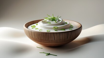 Isolated white background featuring a wooden bowl of sour cream dip with herbs and green onions