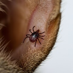 Cat ear with visible tick, macro close-up on white background