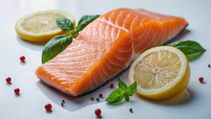 Isolated raw salmon fillet with lemon and basil on a clean background