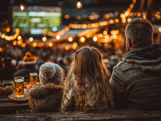 Indoor scene of a family gathered around TV cheering during an american football game