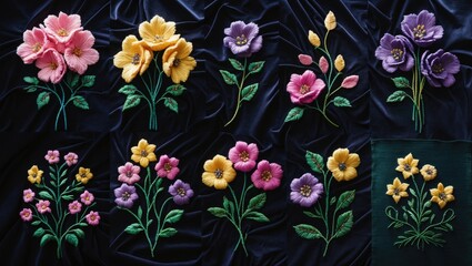 A collection of digital embroidery patterns showcasing flower and blossom icons, perfect for decorating fabrics with garden and floral themes.