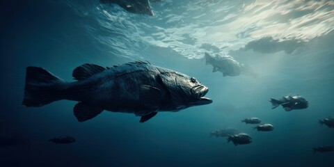 Fototapeta premium Predatory Fish Chasing Smaller Fish in Ocean