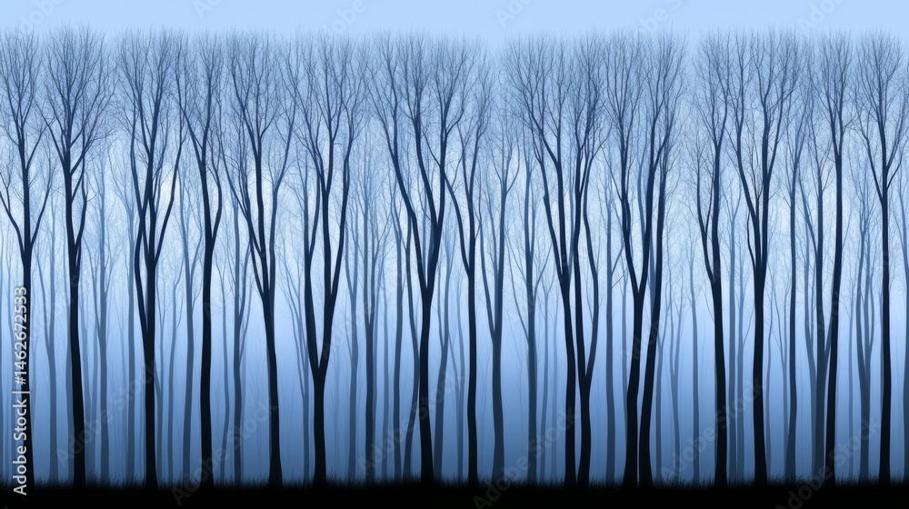 Poster long line of trees with a blue sky in the background. the trees are bare and the sky is clear
