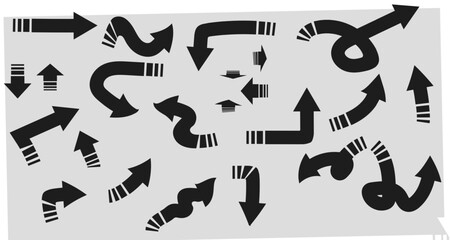 Set of black arrow icons. Miscellaneous packaging icons. Motion pointers. Site and player control buttons. Flat style logos. Information pointers. Directions. Modern simple vector arrows. PNG