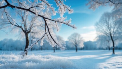 Fototapeta premium Sunny morning winter landscape featuring frost-covered branches and a clear blue sky