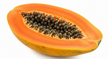 Close up of a halved papaya fruit with black seeds and orange flesh on a white background view