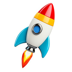 Cartoon rocket launching against transparent background. Red, yellow, blue, and white colors. Playful and dynamic illustration.