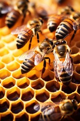 "Close up of bees on honeycomb in hive"