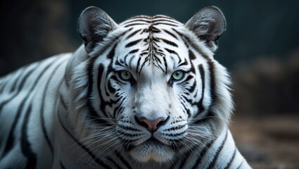 Wild white tiger headshot showcasing its strong fur and intense gaze