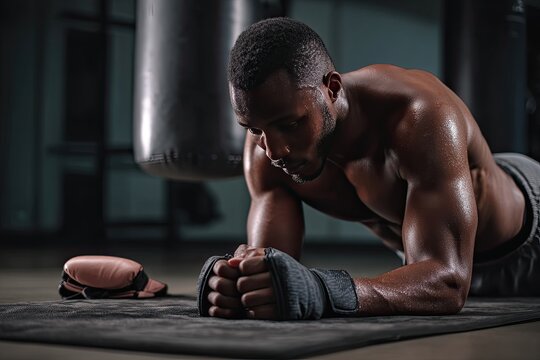 Boxer doing core workout on mat with gloves beside