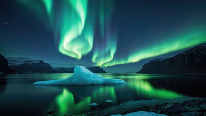 Night scene of iceberg in fjord illuminated by green aurora borealis