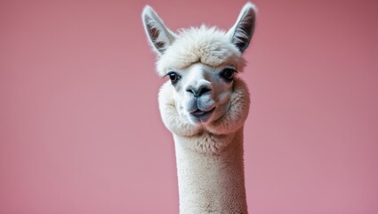 Fototapeta premium Funny llama showing teeth against pink backdrop