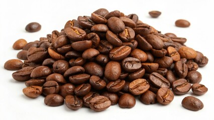 Fototapeta premium Rich, aromatic coffee beans piled on a clean white background ready for brewing inspiration