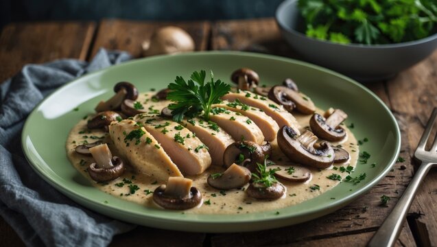 Grilled chicken with mushroom, cream, and cheese topping
