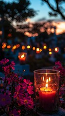 Candles at Dusk in Cemetery