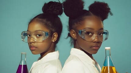 Two young girls in lab coats and safety glasses posing back to back with colorful liquid beakers
