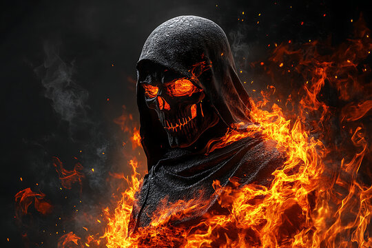 A menacing figure cloaked in black, with glowing eyes, surrounded by flames in a dark setting
