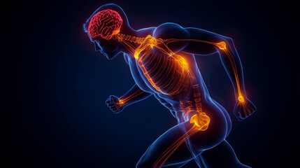 Man's skeleton is shown in a running pose. The skeleton is red and yellow, and the man's brain is also red. Concept of the importance of taking care of one's body and staying healthy