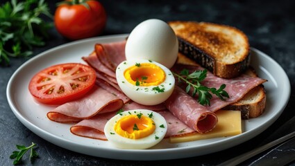 Egg and ham breakfast served with cheese, toast, and vegetables