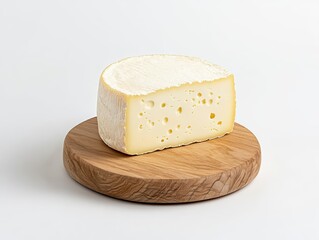 Round cheese slice on wooden board