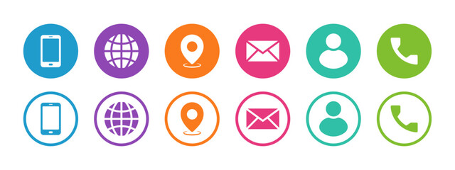 Visiting card icon set in fill and stroke style with different colors. Phone, call, contact, web, location, message and profile icons collection.