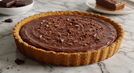 Decadent Chocolate Ganache Pie with Crumbly Crust - Rich, smooth chocolate ganache filling, delicious crumbly crust, chocolate shavings garnish, perfect dessert, chocolate indulgence