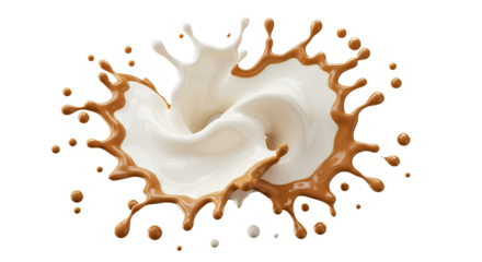 Explosão de leite branco e café em movimento dinâmico, capturando o impacto e a fluidez com fundo transparente.