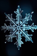 Shiny blue snowflake with six arms against black background