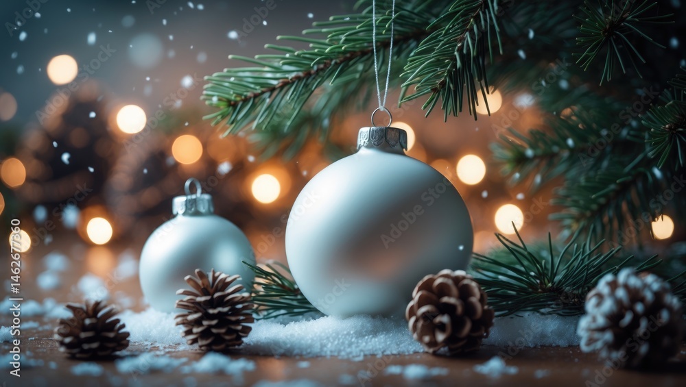 Poster on a table adorned with pine needles and snow, two white christmas ornaments, one larger, create a j