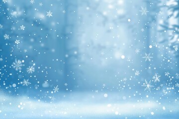 Obraz premium Light Blue Winter Background With Snowflakes, Snowfall & Soft Bokeh Lights