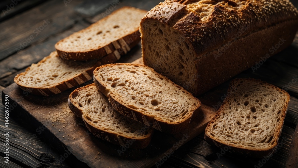 Poster top view of fresh bread slices featuring wheat and seed varieties on dark wood background