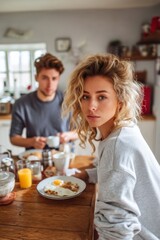 Beautiful woman enjoys breakfast at home with her partner in a cozy, relaxed setting.