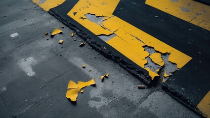 Worn-out yellow and black Chevron lines on the street pavement, showing signs of peeling