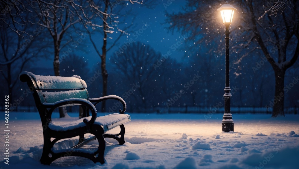 Aufkleber image of bench and bright lantern through the snow. nighttime view.